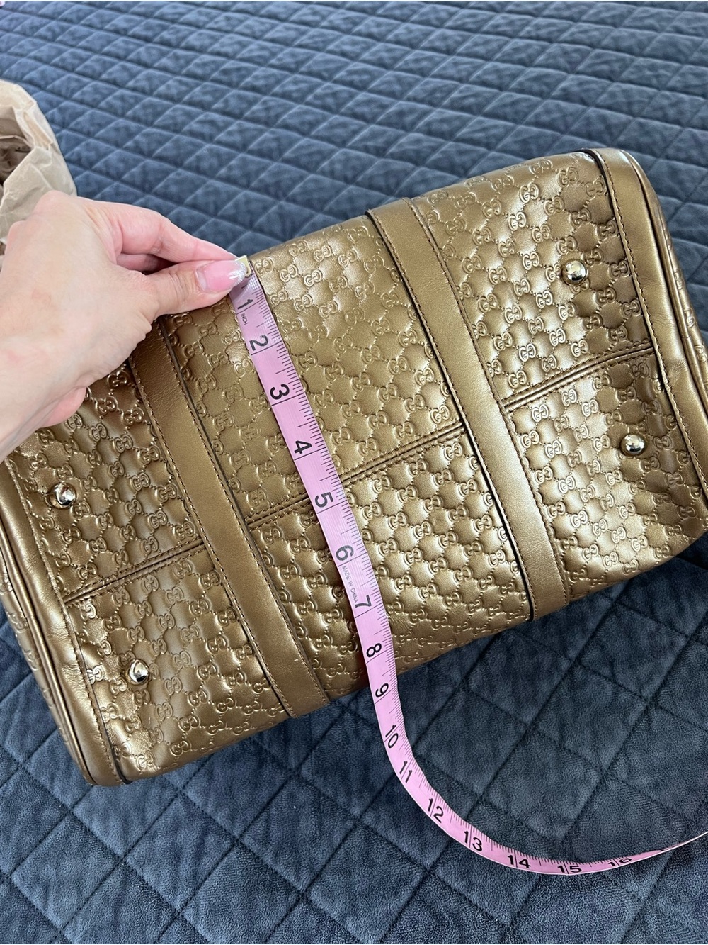 Gucci Boston Purse Metallic Bronze Duffle Bag Style Gold Crossbody Strap - Picture 11 of 16